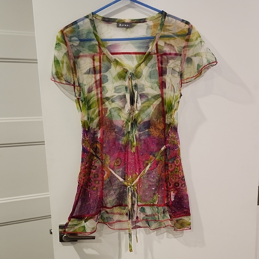 🔥 3/$25 🔥P2P 19.5" Katmai Women's Floral Sheer Top - Multicolor